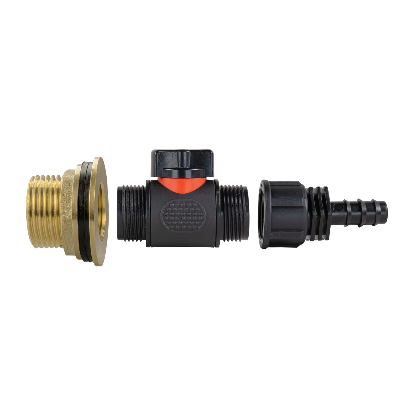 1" Brass Water Butt Set with In-Line Valve, 16mm Hose Barb & Drill Bit