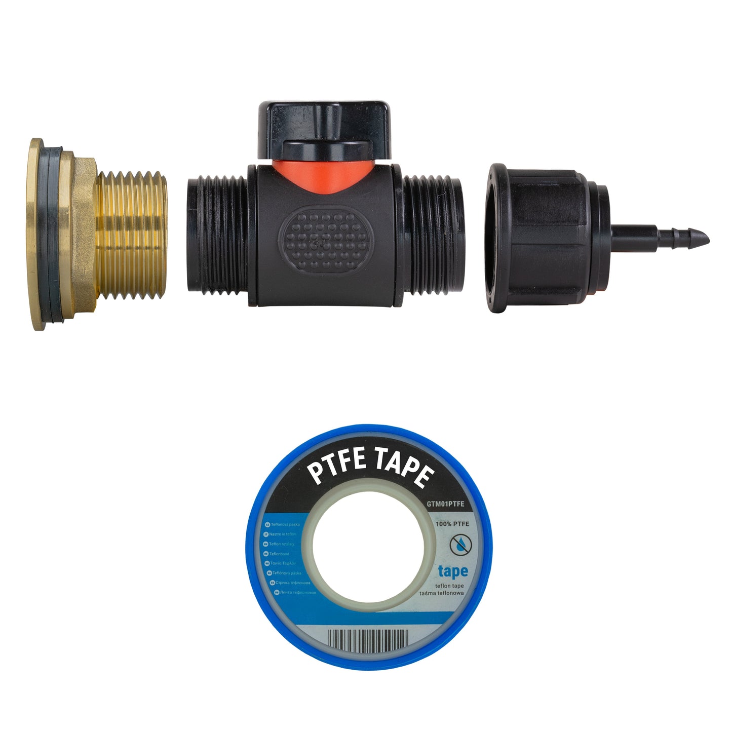 1" Brass Water Butt Set Including Inline Valve & 4mm Barb Connector