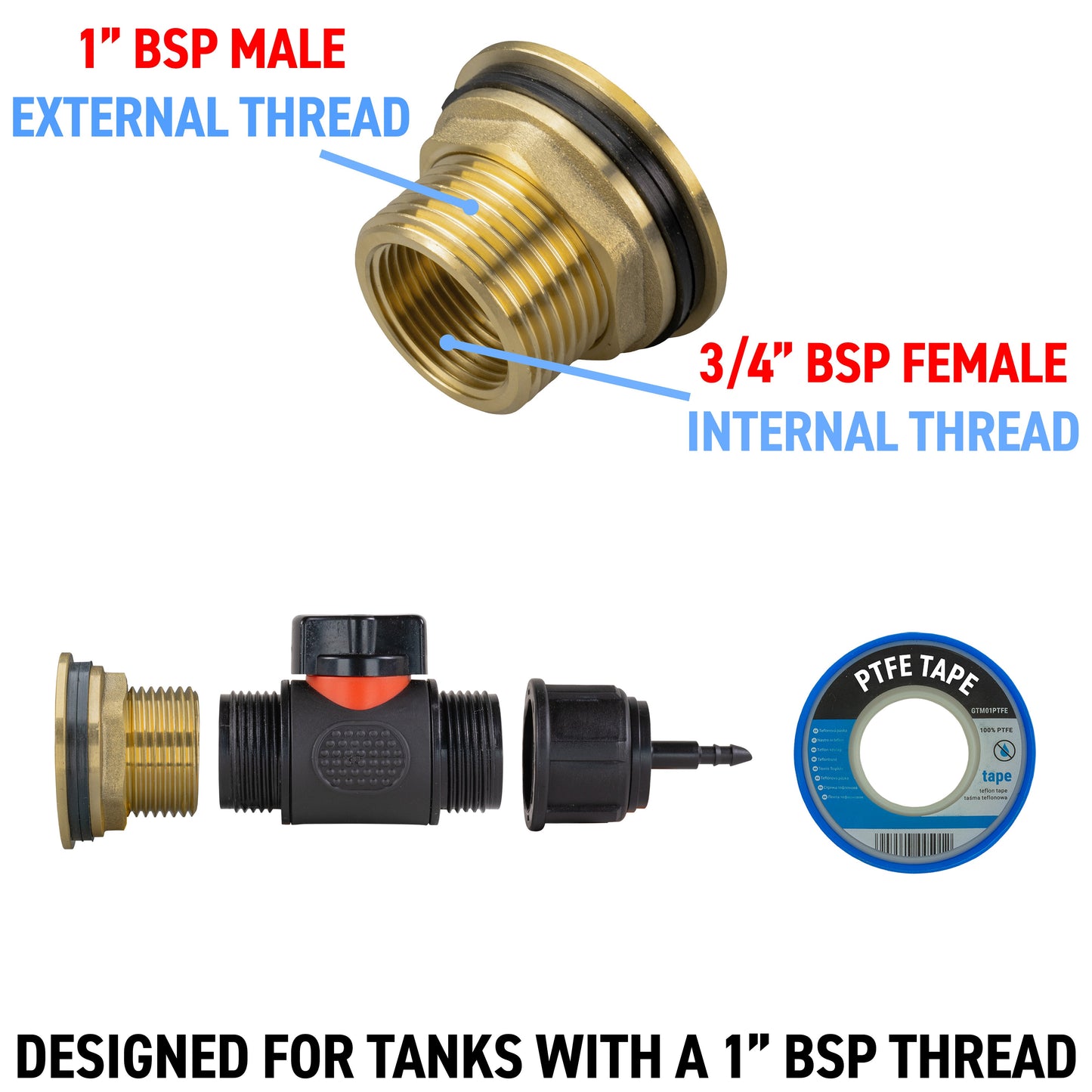 1" Brass Water Butt Set Including Inline Valve & 4mm Barb Connector