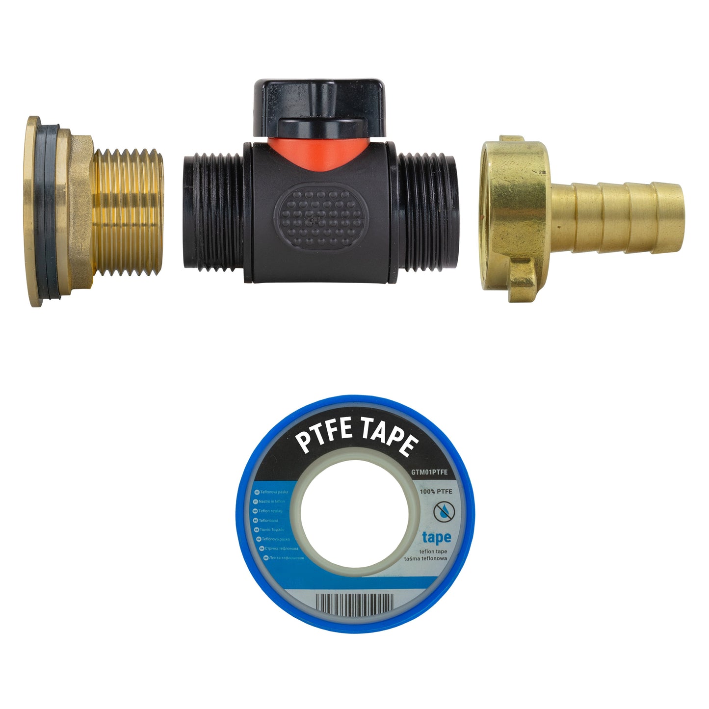 1" Brass Water Butt Set Including Inline Valve & 1/2" Brass Barb Connector