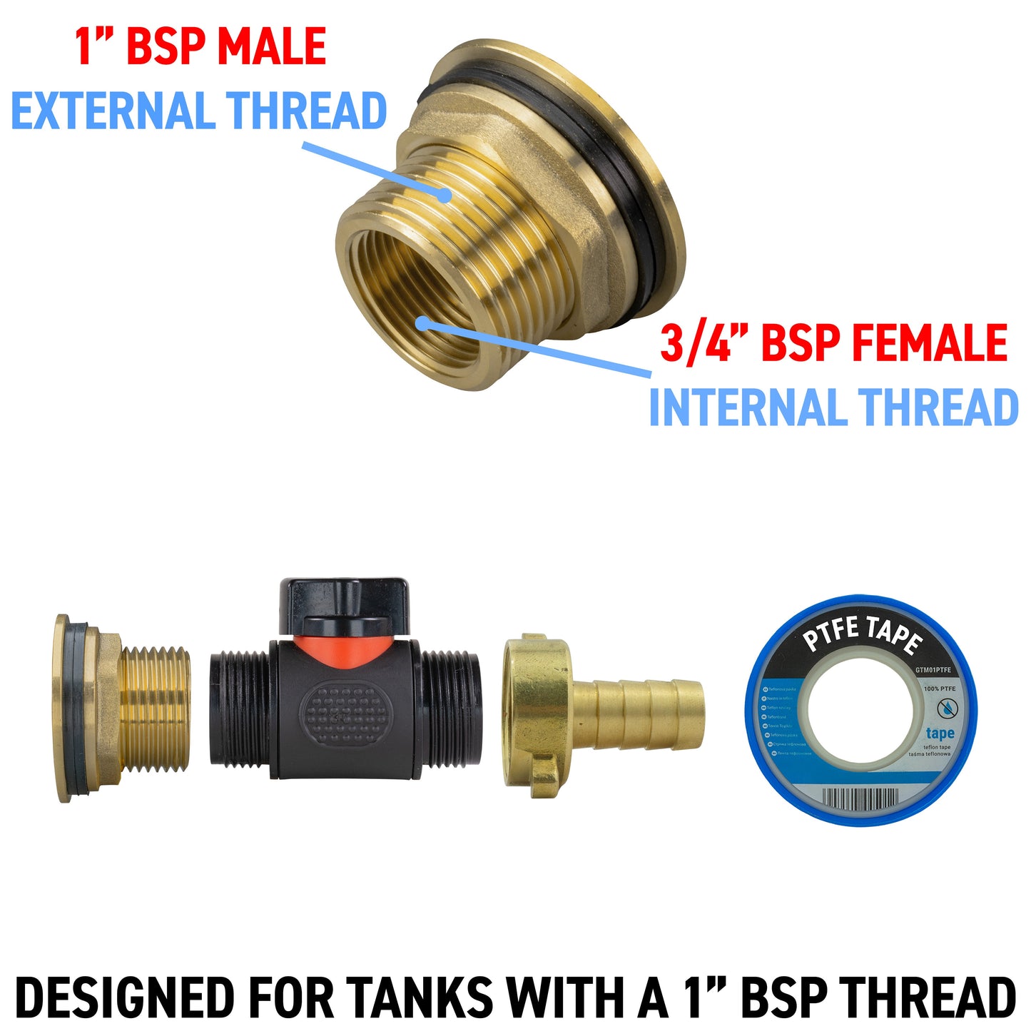 1" Brass Water Butt Set Including Inline Valve & 1/2" Brass Barb Connector