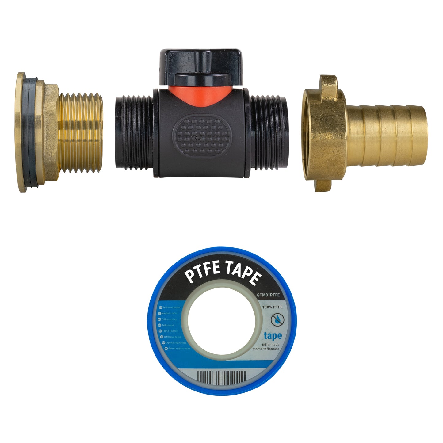 1" Water Butt Brass Set with In-Line Valve, 3/4" Hose Tail Fitting and Hole Saw