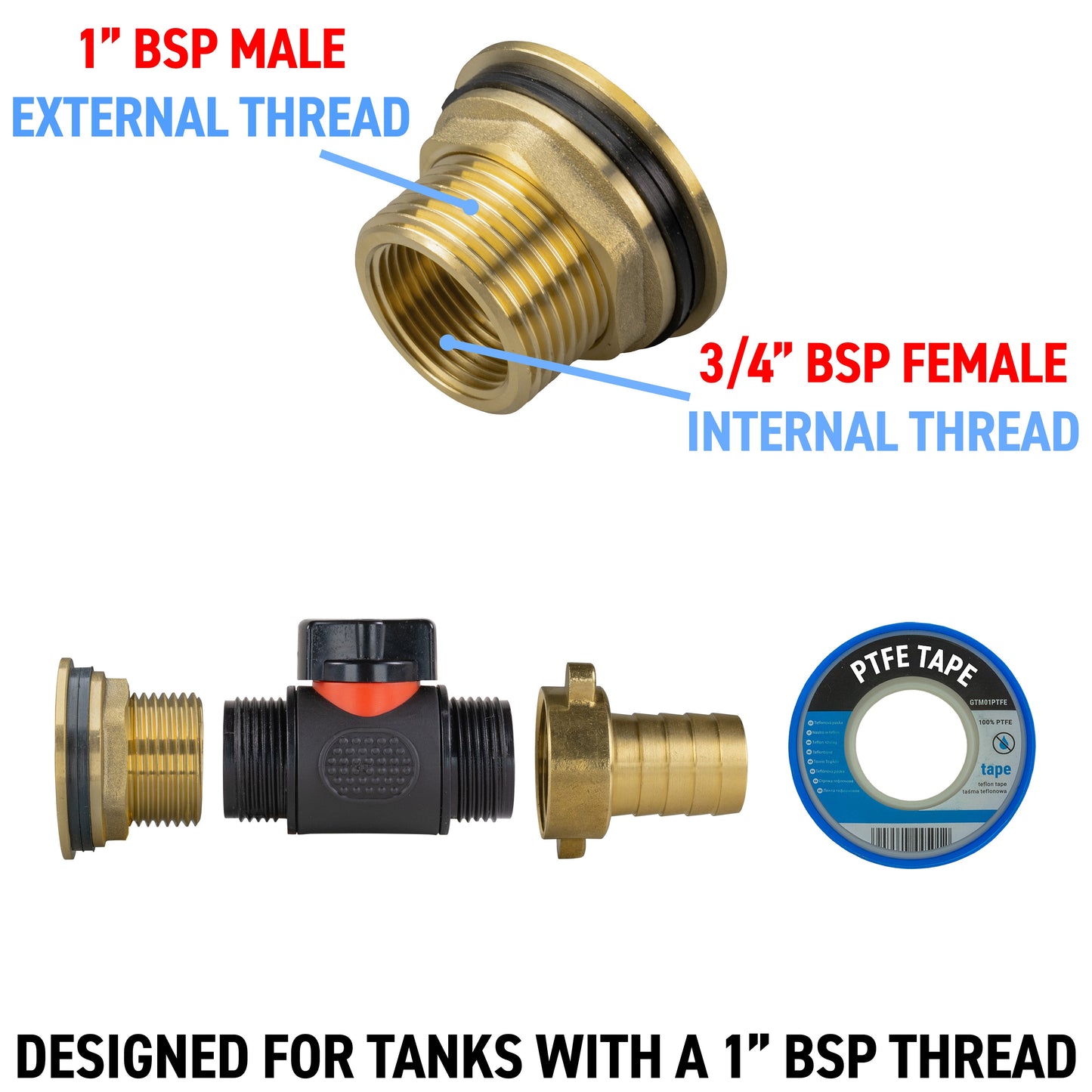 1" Brass Water Butt Set Including Inline Valve & ¾" Brass Barb Connector
