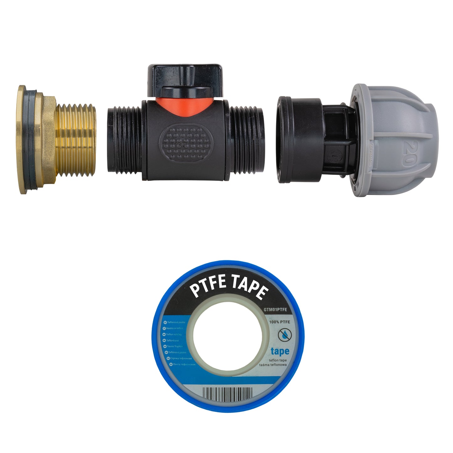 1" Brass Water Butt Set with In-Line Valve, 20mm MDPE Connector and Hole Saw Cutter