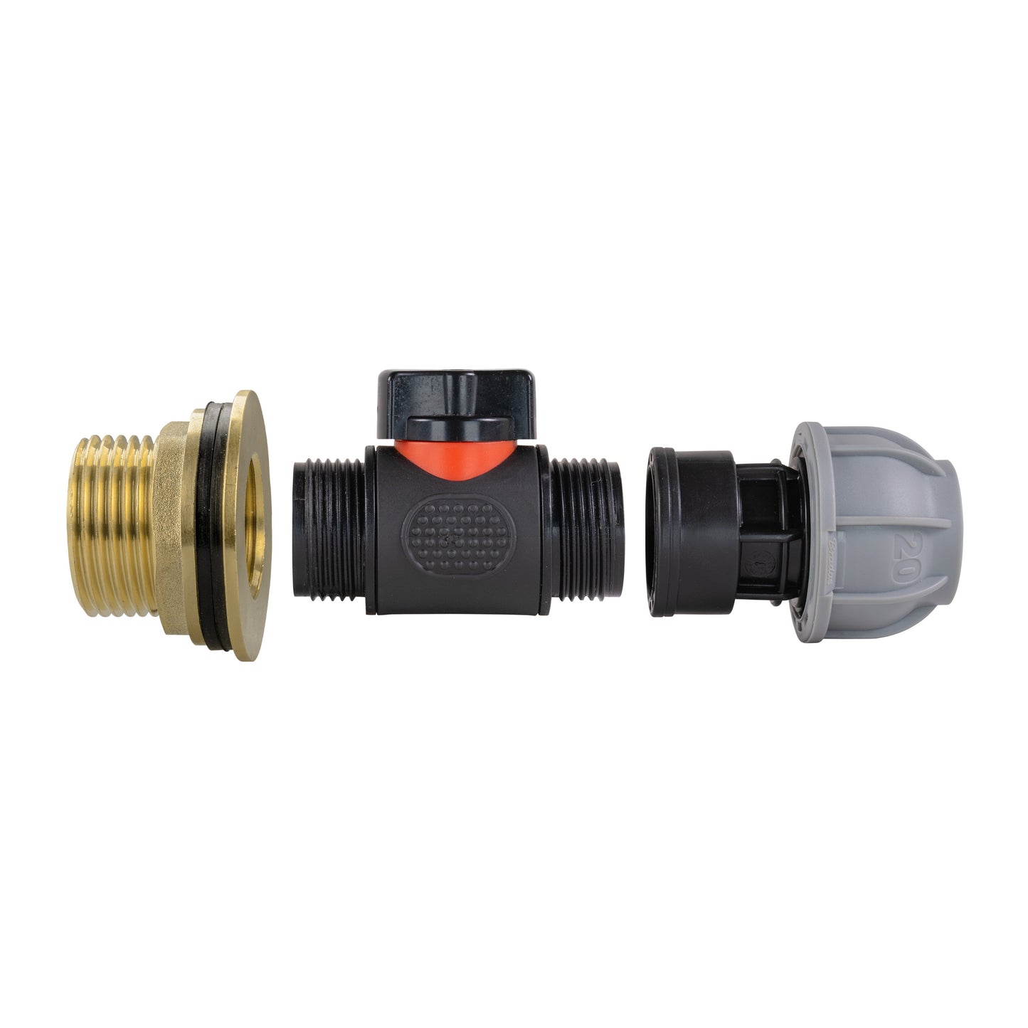 1" Brass Water Butt Set with In-Line Valve, 20mm MDPE Connector and Hole Saw Cutter