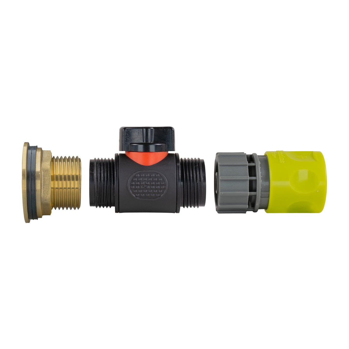 1" Brass Water Butt Fitting Set with In-Line Valve, Lime Female Quick Connector & Drill Bit