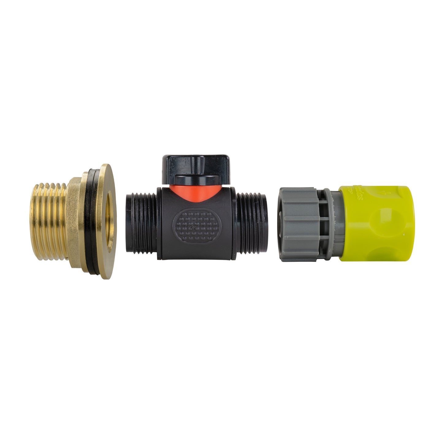1" Brass Water Butt Fitting Set with In-Line Valve, Lime Female Quick Connector & Drill Bit