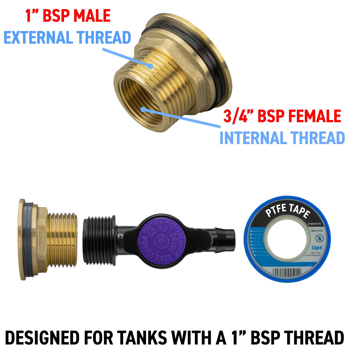 1" Brass Water Butt Set Including Inline Valve & 13mm Barb Irrigation Connector