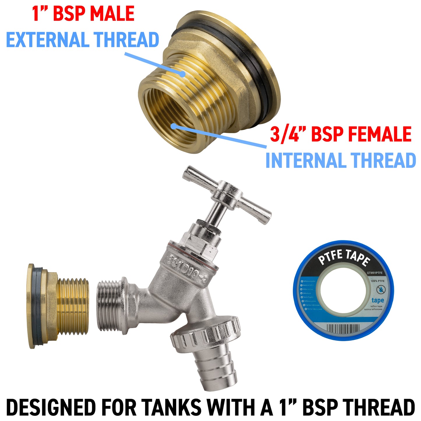 1" Brass Water Butt Set with Nickel-Plated Barbed Hose Tap & Hole Saw