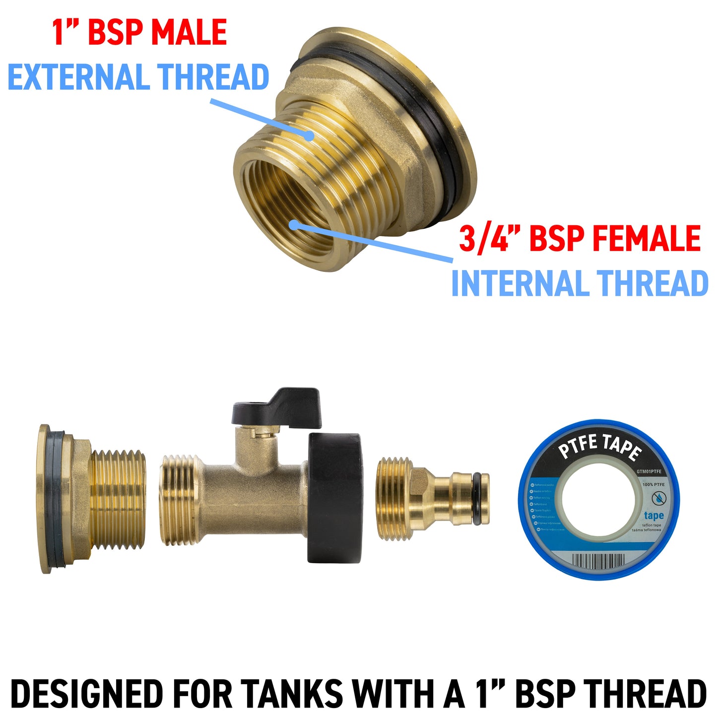 1” Brass Water Butt Set Including Brass Valve with Quick-Connect Fitting