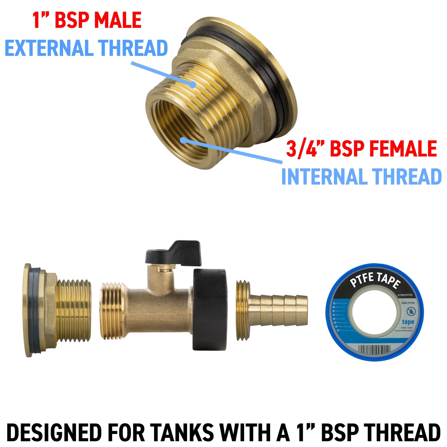 1" Brass Water Butt Set with Brass Tap, 13mm Hose Barb & Drill Bit
