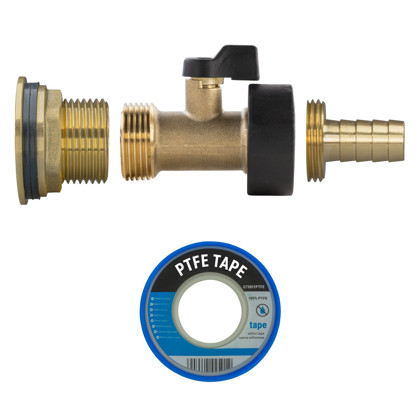 1" Brass Water Butt Set with Brass Tap, 13mm Hose Barb & Drill Bit