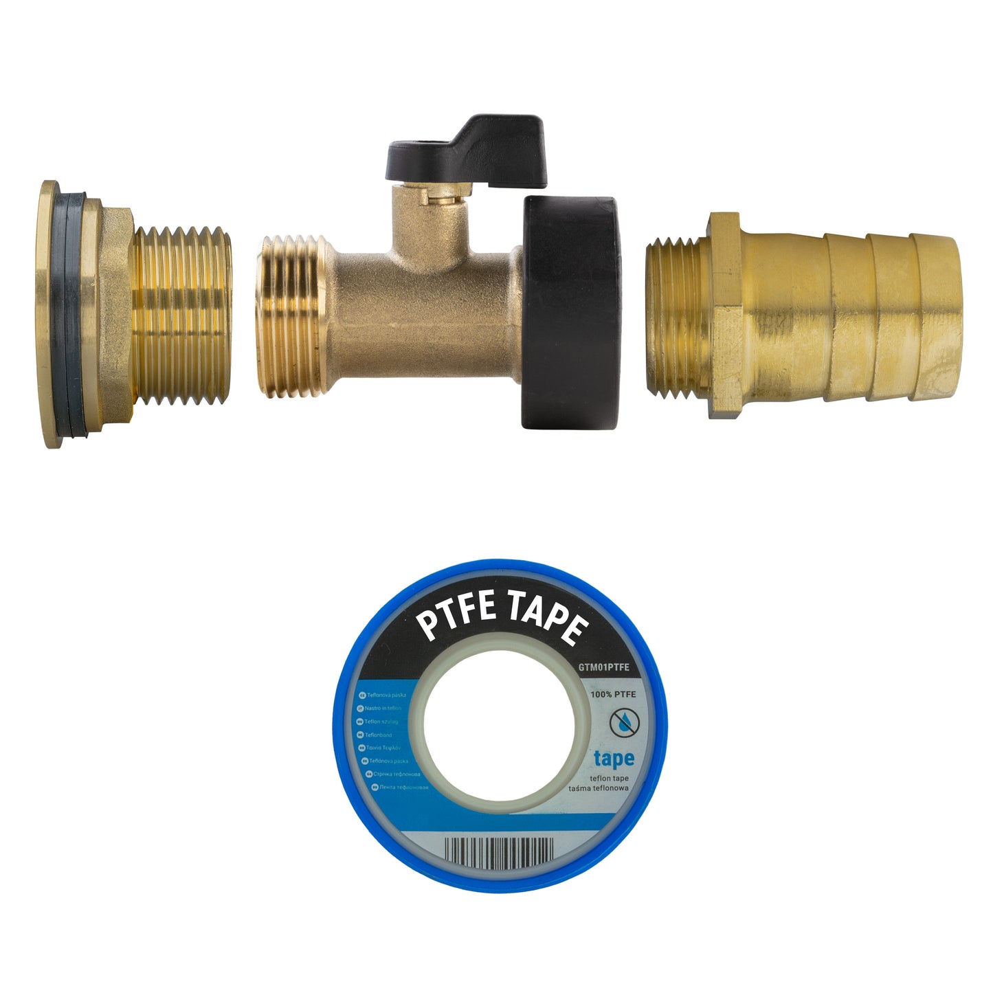 1" Brass Water Butt Set with 25mm Hose Barb, Brass Tap & Drill Bit