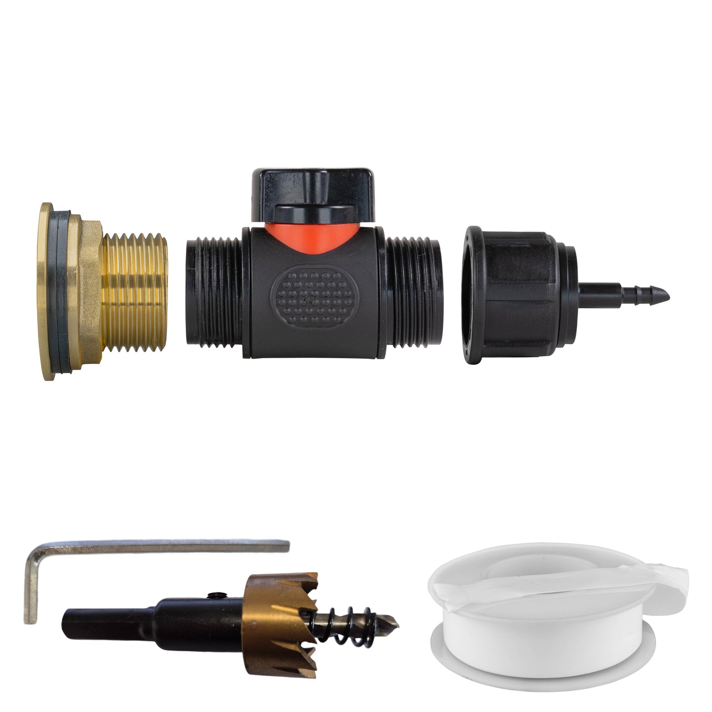 1" Brass Water Butt Set with In-Line Valve, 4mm Hose Barb & Drill Bit