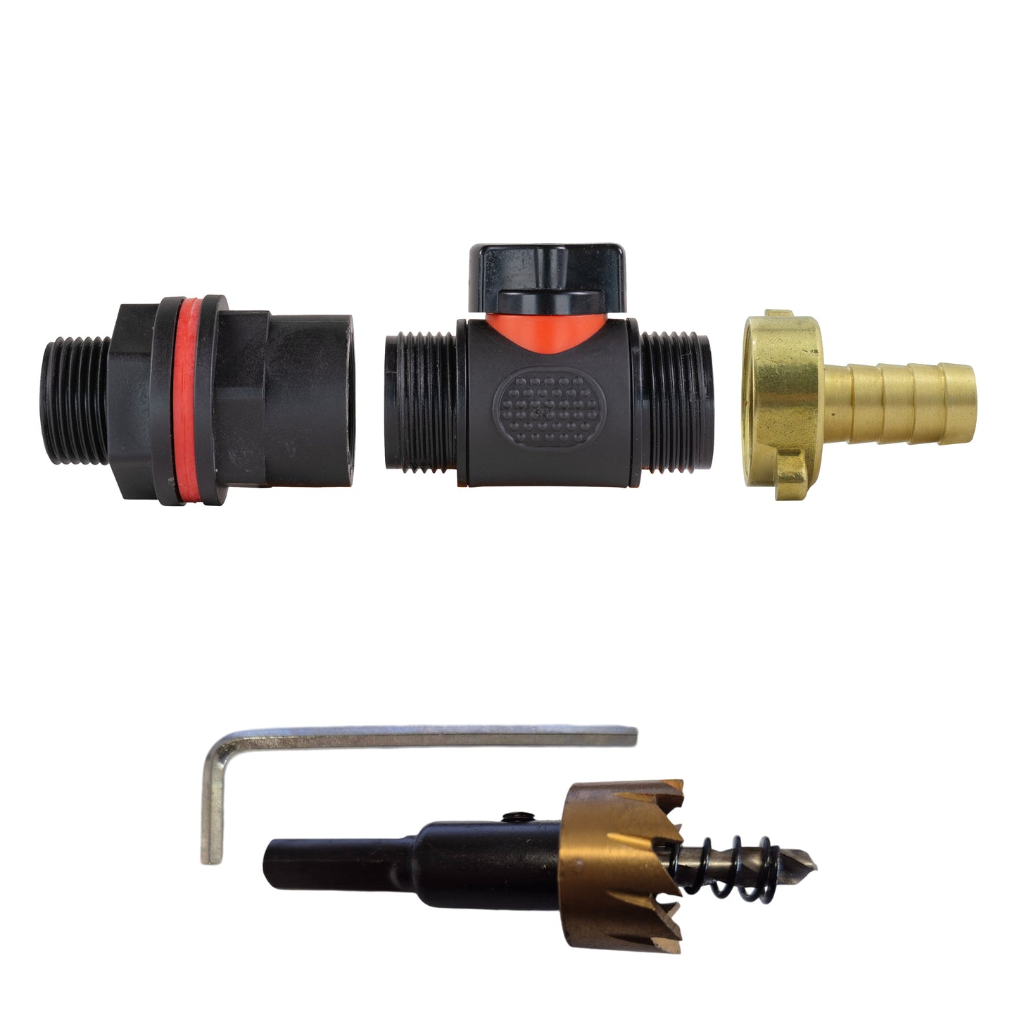 3/4" Water Butt Set with In-Line Valve, 13mm Brass Hose Tail & Drill Bit