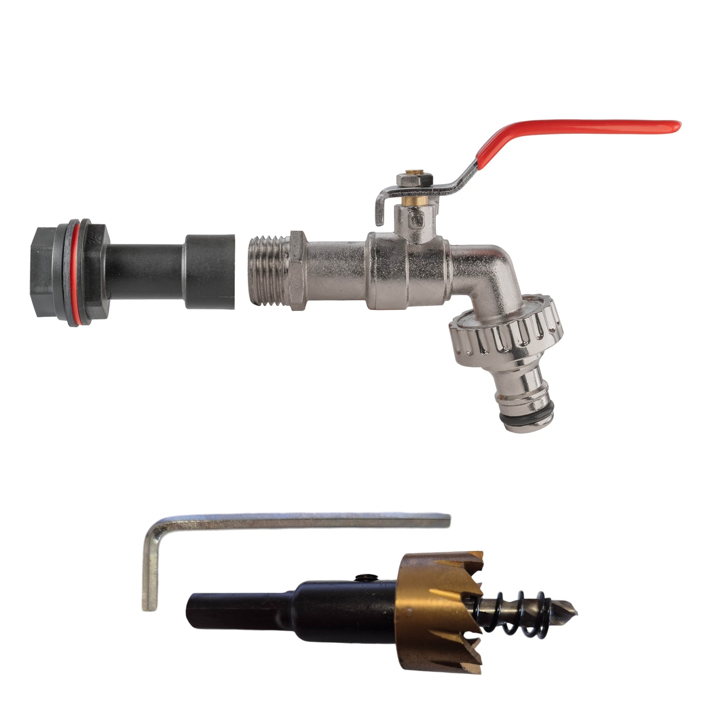 1/2’’ Water Butt Extension Set with Lever Tap and Snap-On Hose Connector + Drill Bit