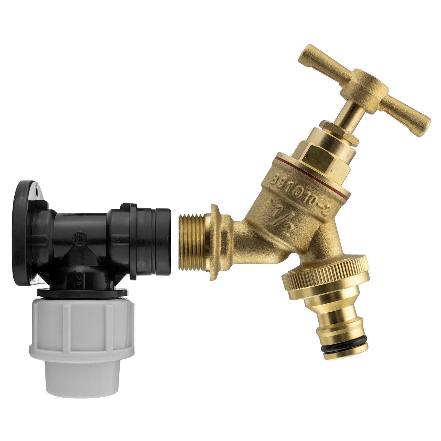 20mm MDPE Wall Flange Set with Brass Garden Tap and ½" Snap-On Connection