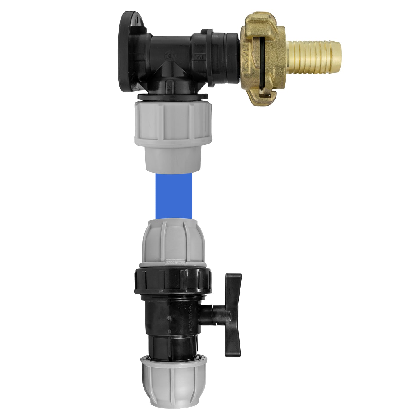 20mm MDPE Wall Flange Set with Geka Fitting, Inline Valve and ¾" Barb Connection