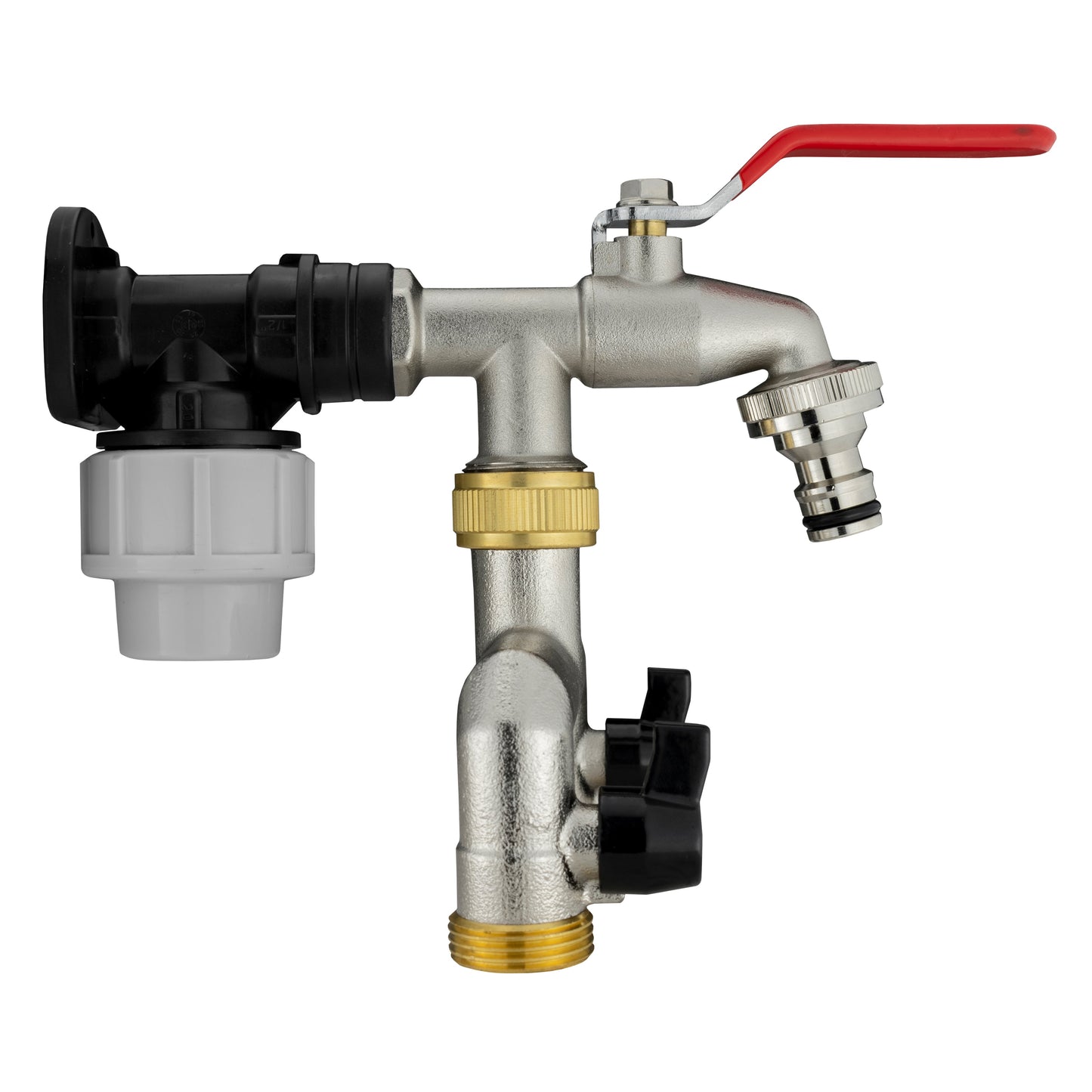 20mm MDPE Wall Flange Set with Dual Tap and Three-Way Threaded Outlet