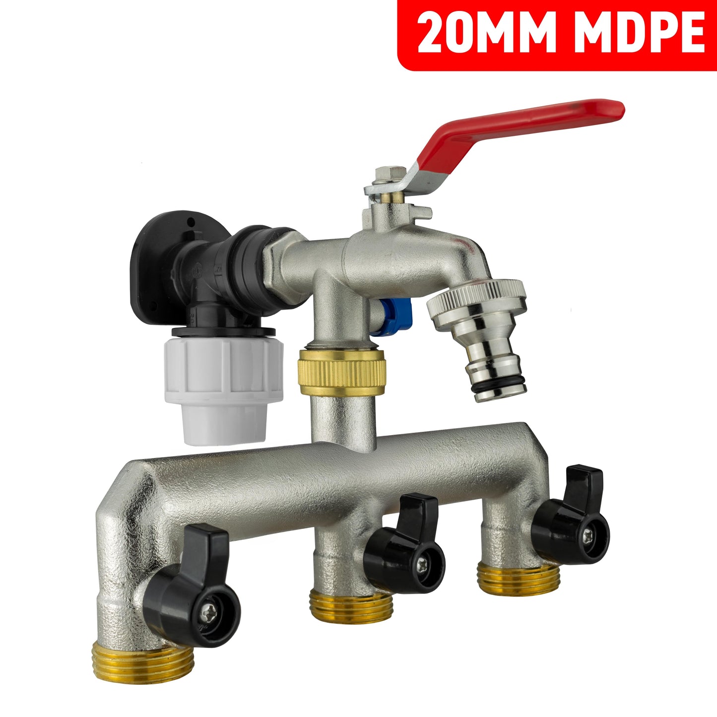 20mm MDPE Wall Flange Set Complete with Metal 3-Way Splitter Tap