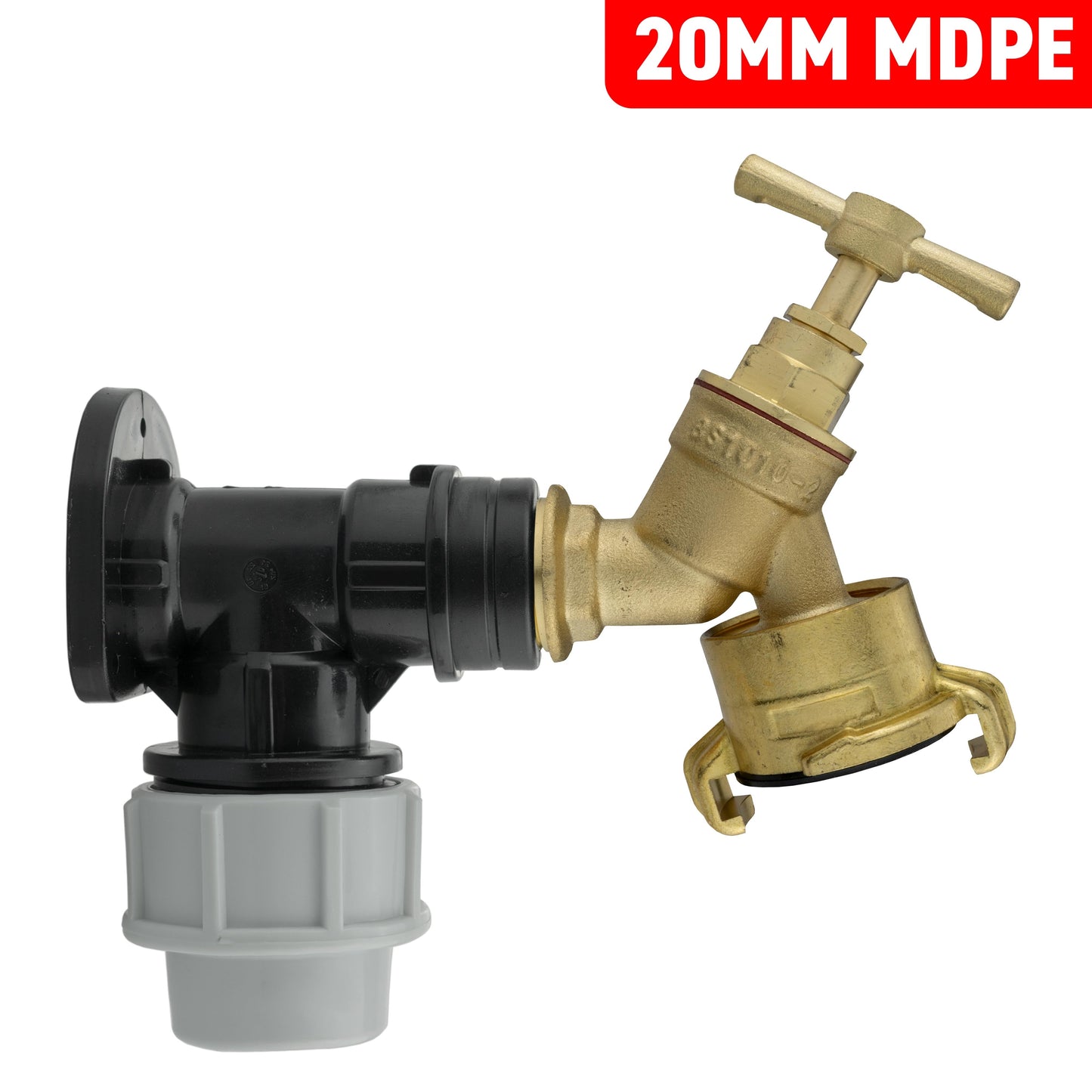 20mm MDPE Wall Flange Set Complete with Bib Tap & Geka Type Connector