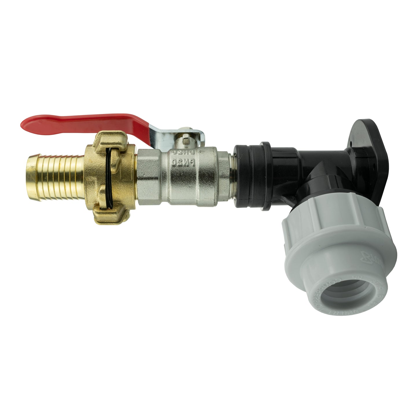 20mm MDPE Wall Flange Set Complete with Lever Valve and 25mm Barbed Geka Fitting