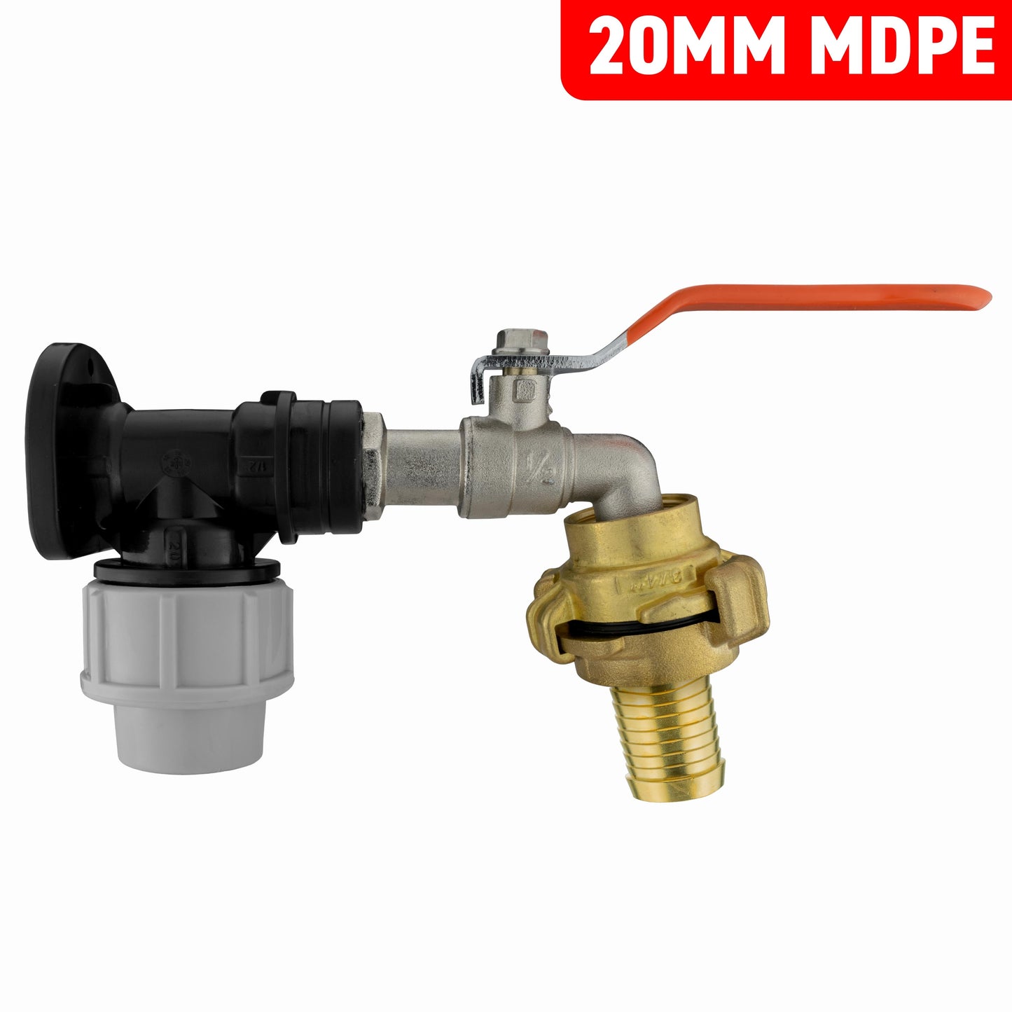20mm MDPE Wall Flange Set with 25mm Barbed Geka Fittings & Lever Tap