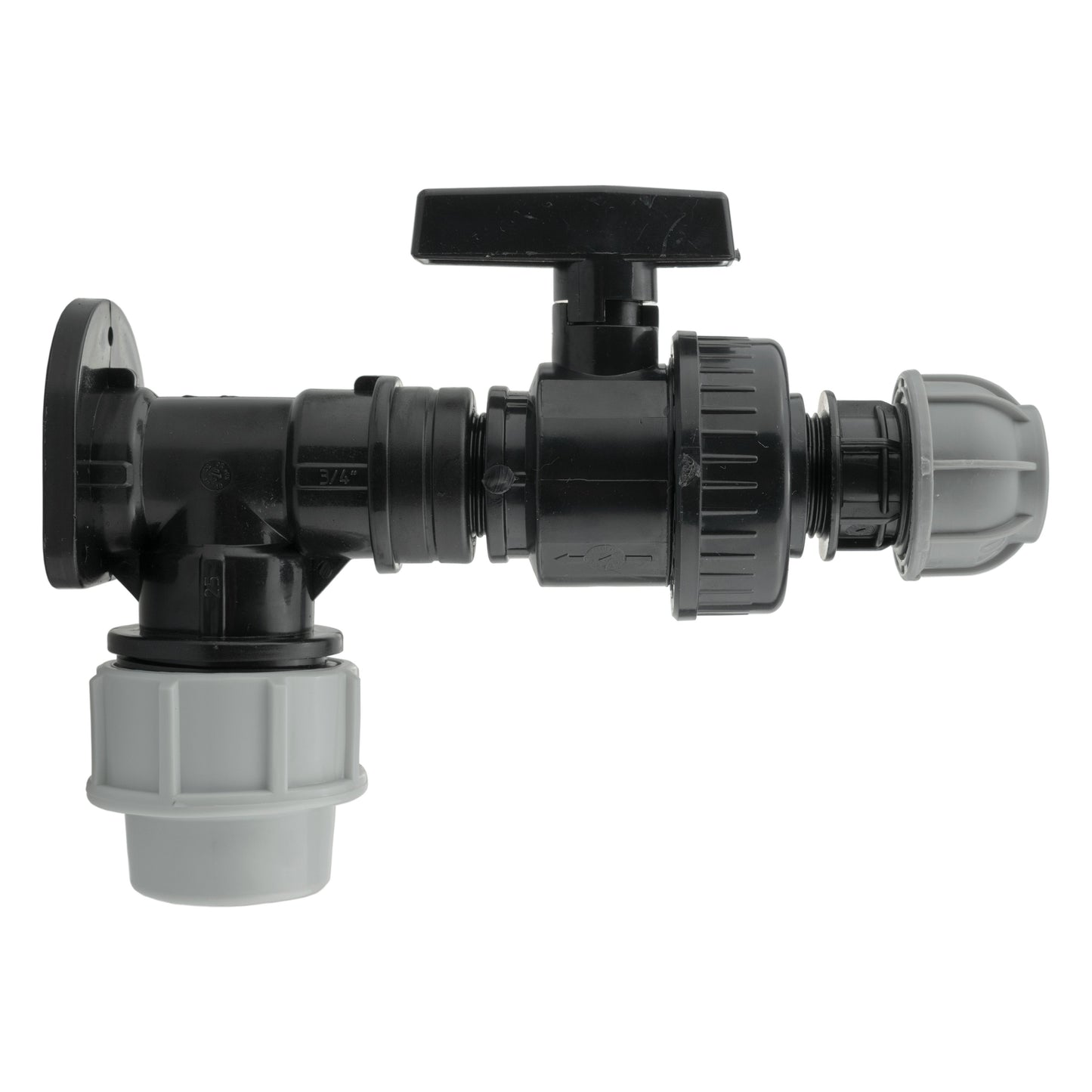25mm MDPE Wall Flange Set with Large Plastic Valve and 20mm MDPE Straight Connector