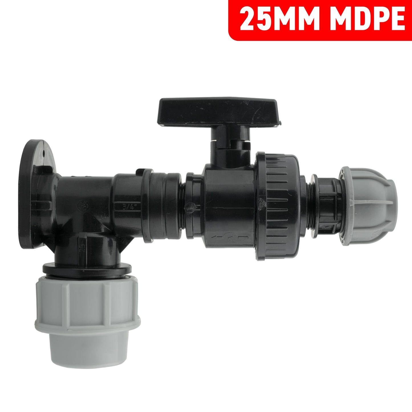 25mm MDPE Wall Flange Set with Large Plastic Valve and 20mm MDPE Straight Connector