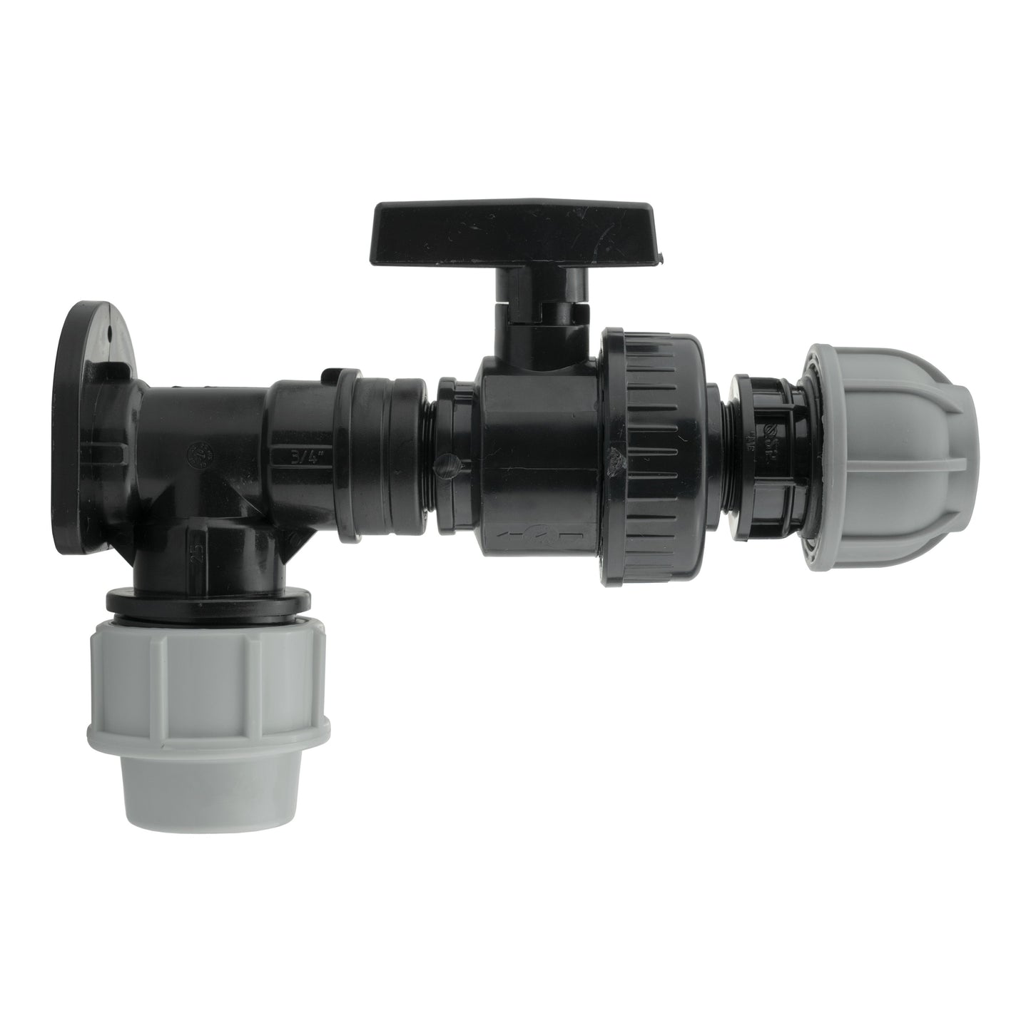 25mm MDPE Wall Flange Set with Large Plastic Valve and 25mm MDPE Straight Connector