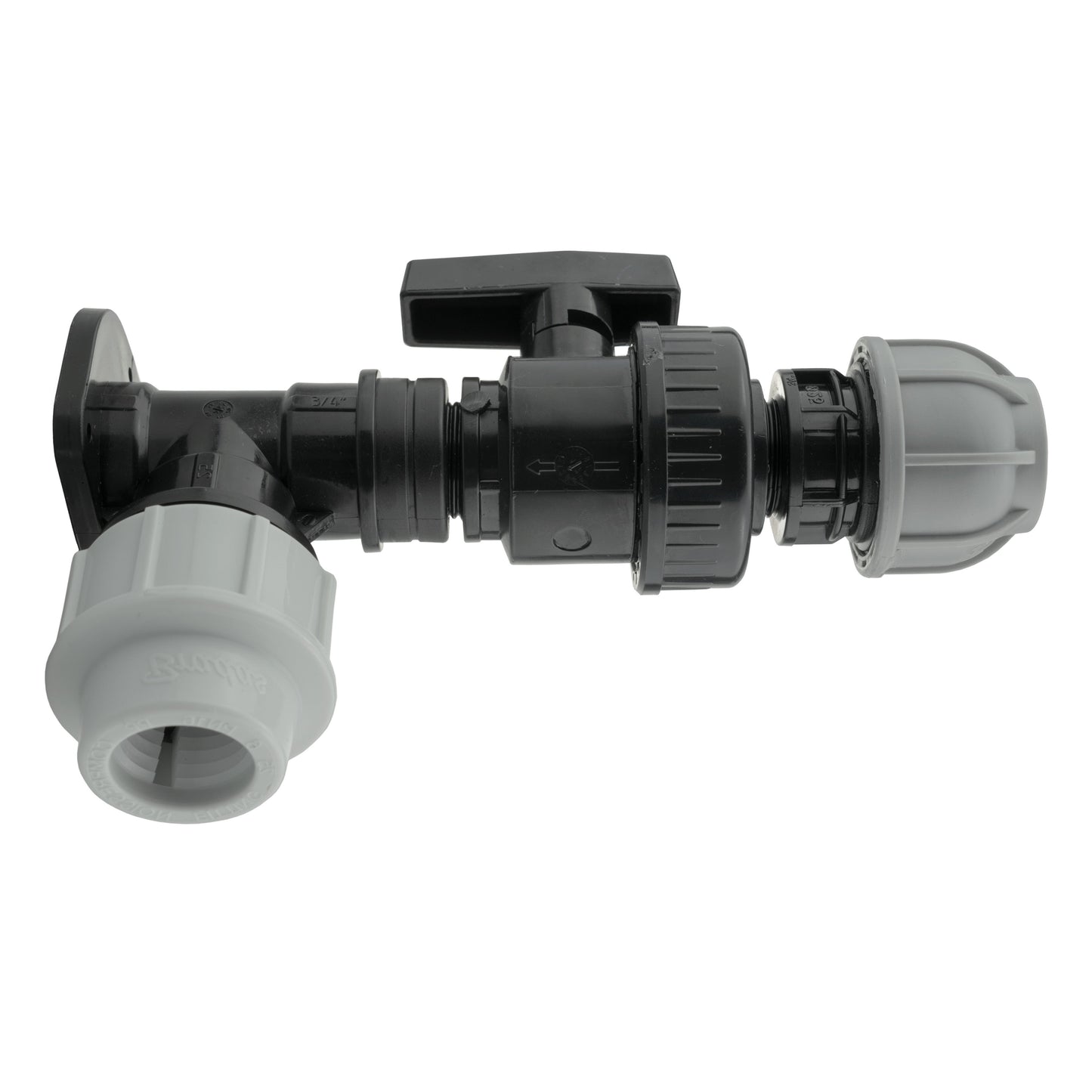 25mm MDPE Wall Flange Set with Large Plastic Valve and 25mm MDPE Straight Connector