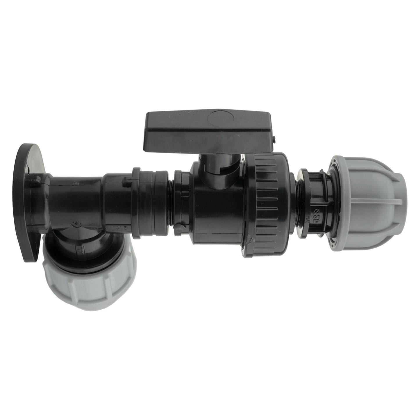 25mm MDPE Wall Flange Set with Large Plastic Valve and 25mm MDPE Straight Connector