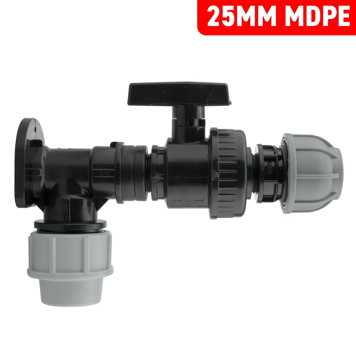 25mm MDPE Wall Flange Set with Large Plastic Valve and 25mm MDPE Straight Connector