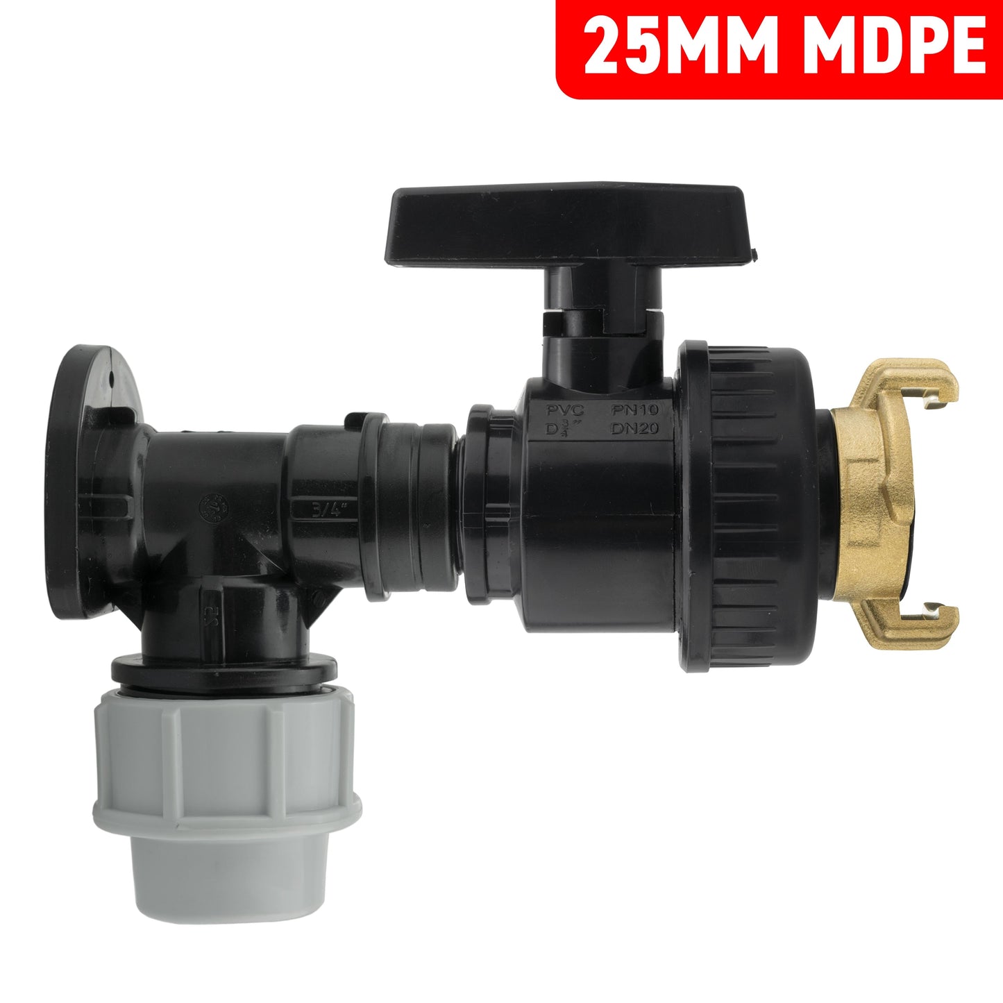 25mm MDPE Wall Flange Set Including Large Plastic Valve and Geka Type Fitting