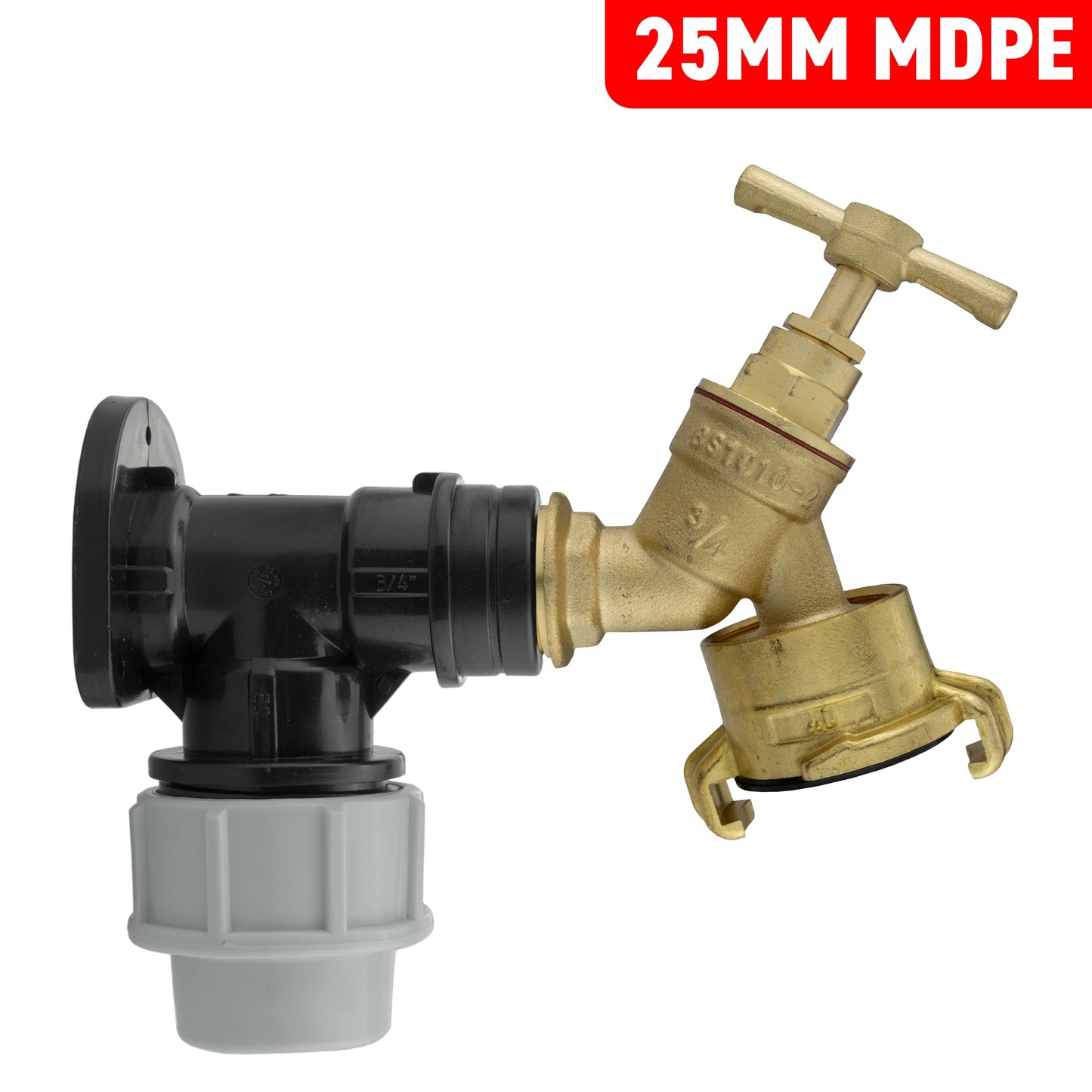 25mm MDPE Wall Flange Set Including Brass Bib Tap with Geka Claw Connector