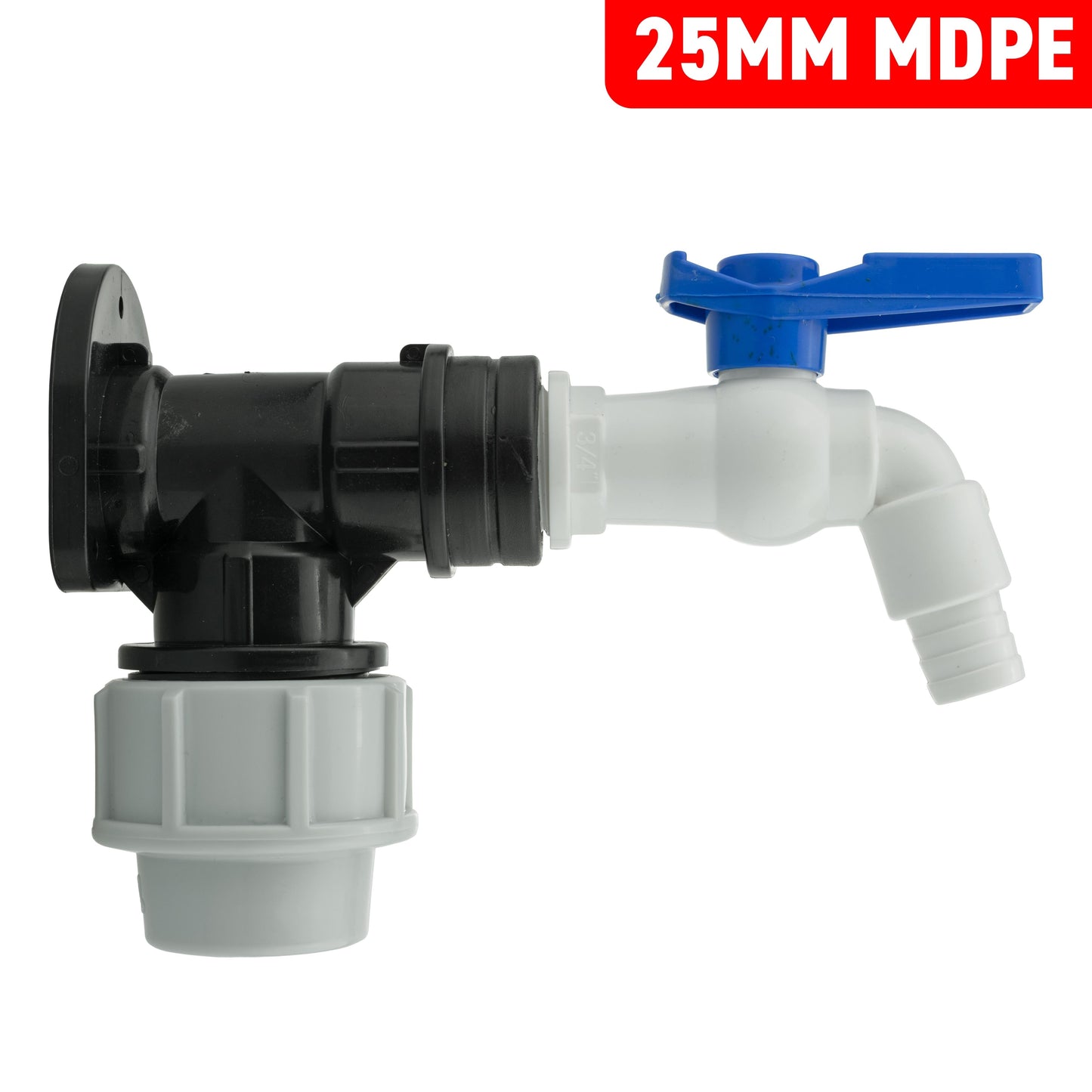 25mm MDPE Wall Flange Set Including White PVC Tap Fitting