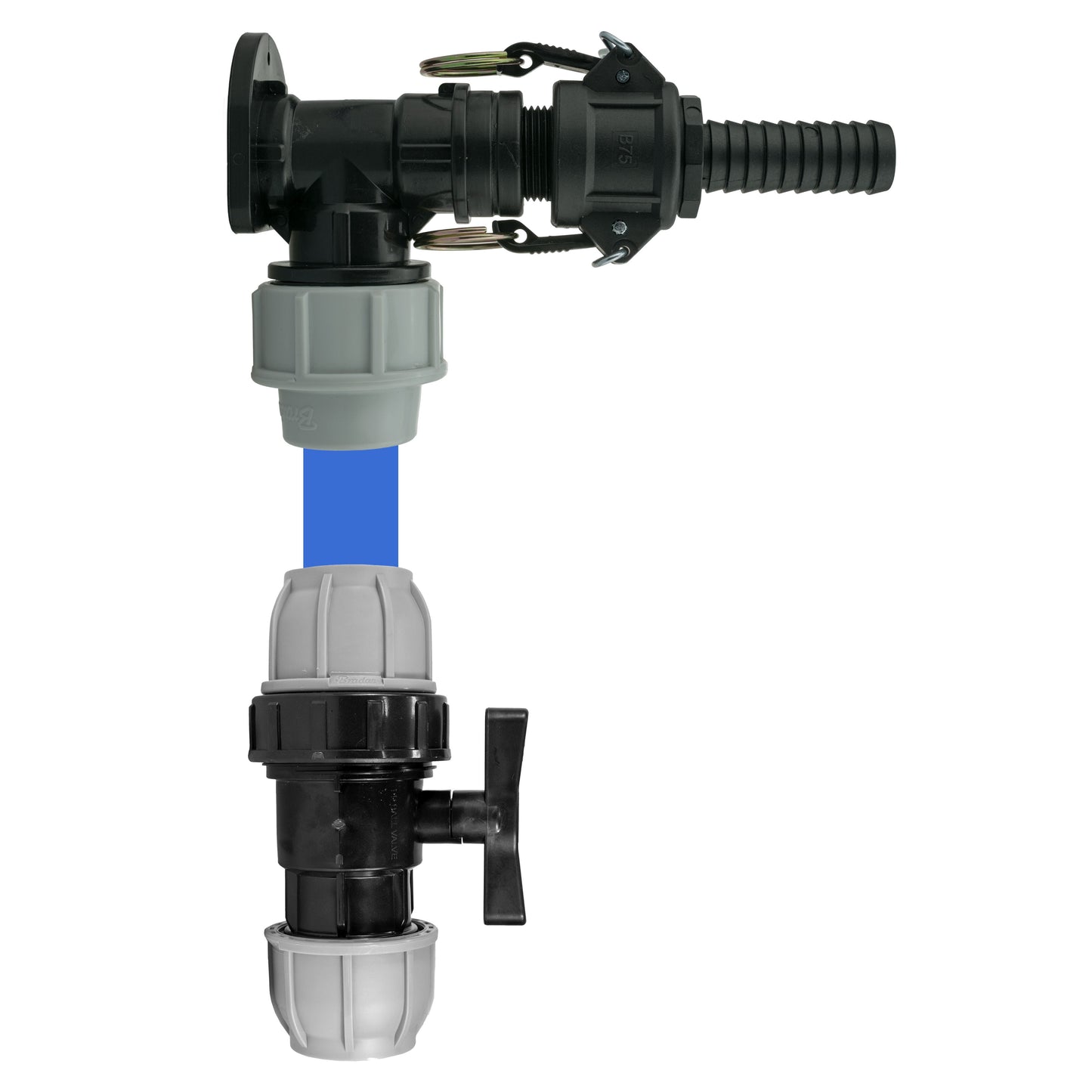 25mm MDPE Wall Flange Set Including 25mm MDPE Valve and ¾" Camlock B+E Couplings