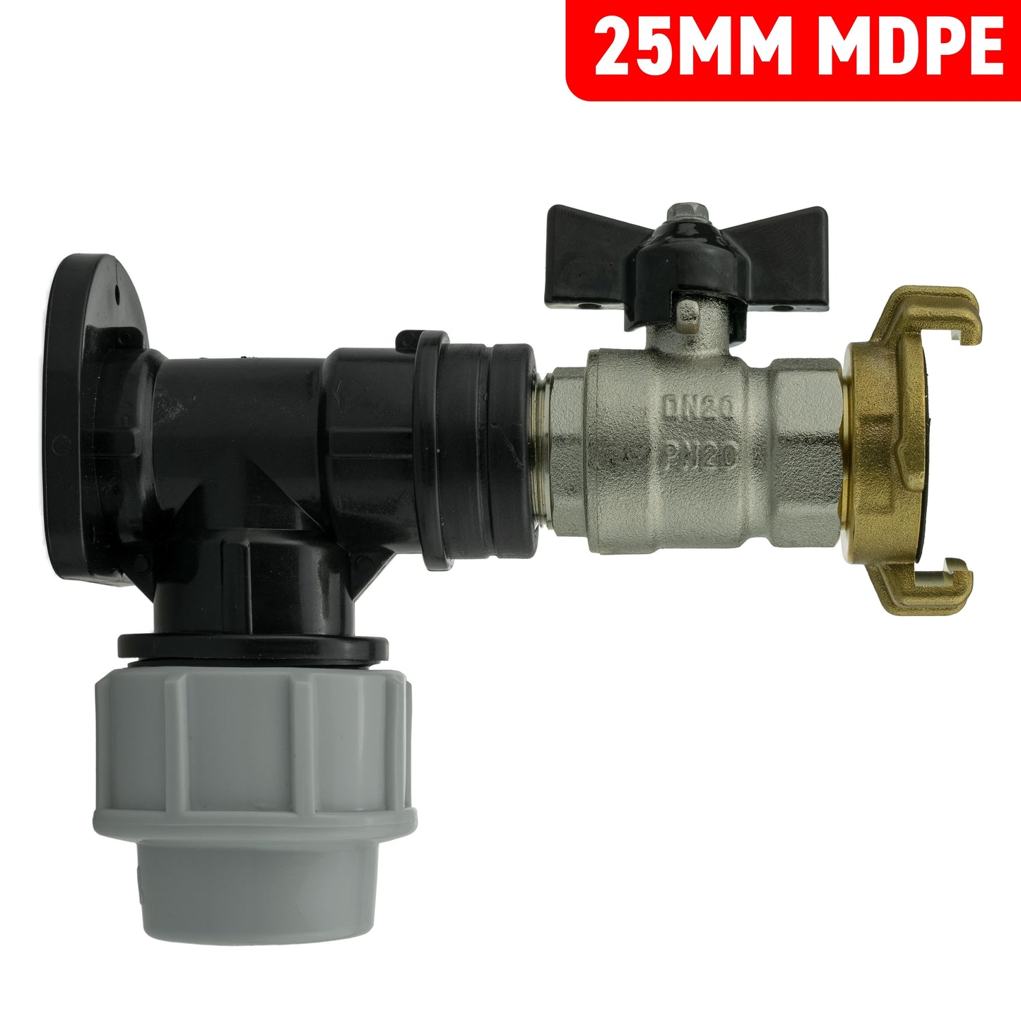 25mm MDPE Wall Flange Set Including Bib Valve and Geka Type Fitting