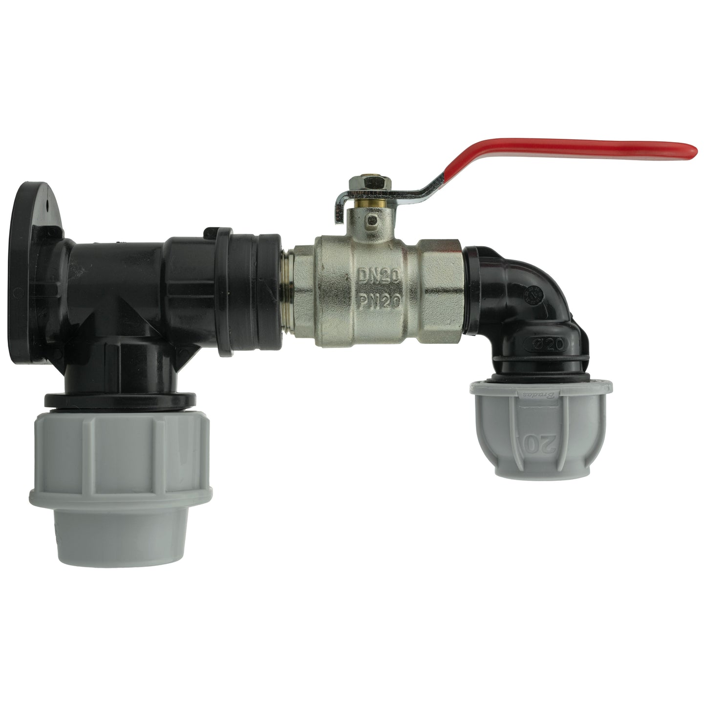 25mm MDPE Wall Flange Set with Lever Valve and 20mm MDPE Elbow Fitting