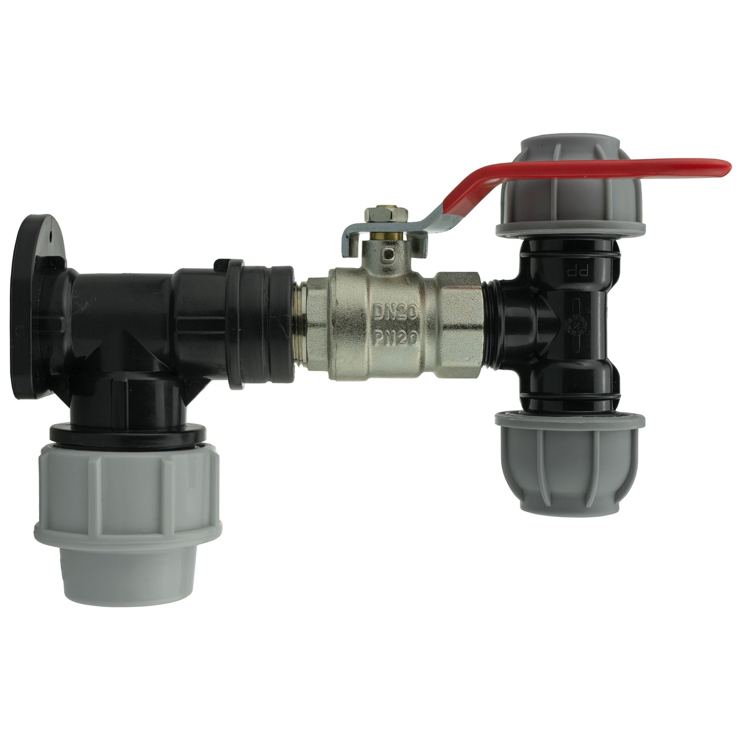 Wall Flange Set 25mm MDPE with Lever Valve and 20mm MDPE Tee Fitting