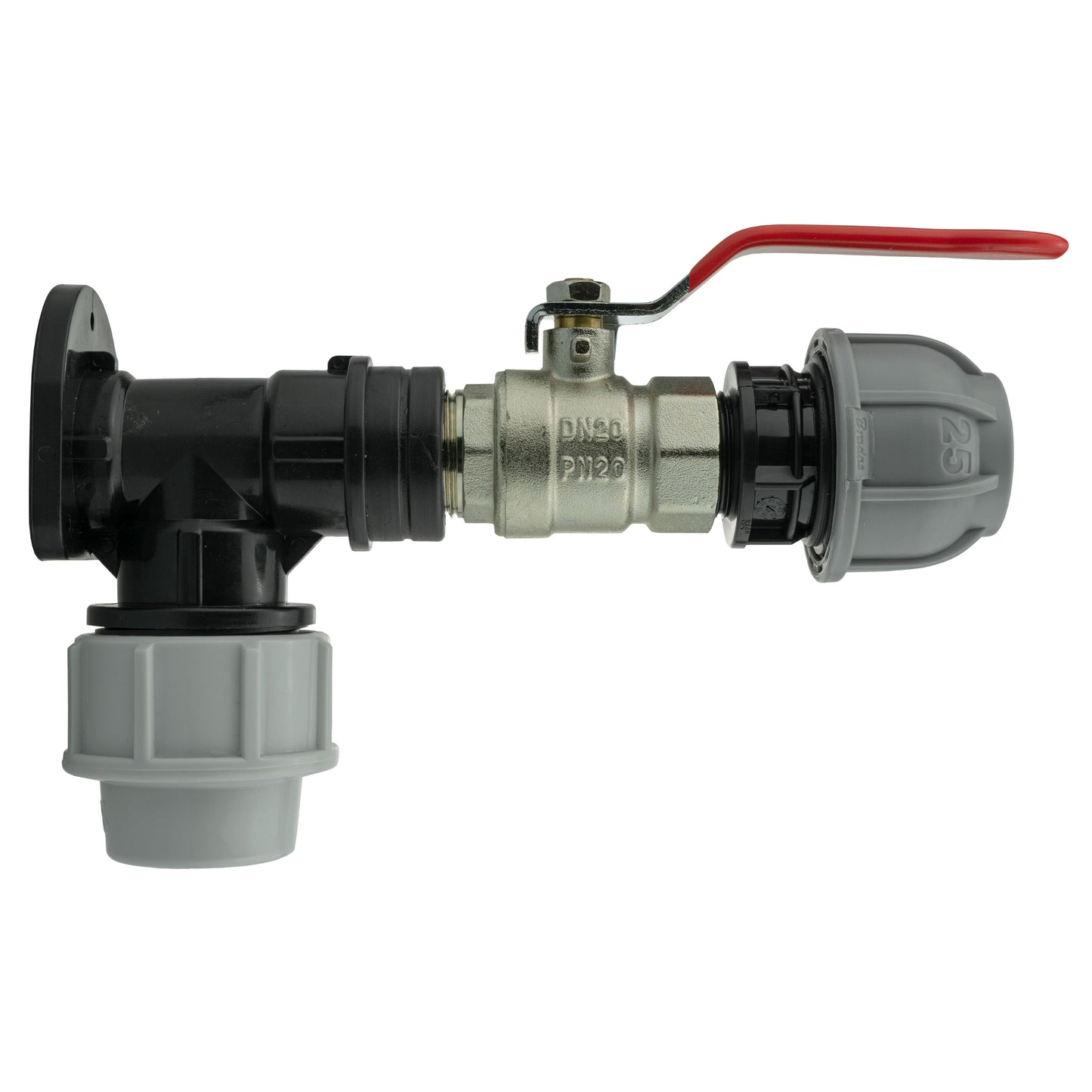 25mm MDPE Wall Flange Set with Lever Valve and 25mm MDPE Straight Fitting