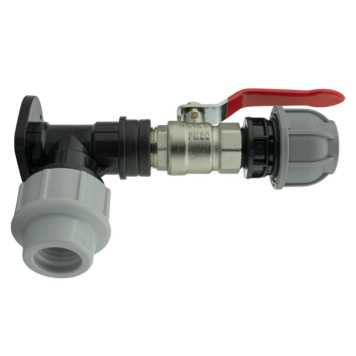 25mm MDPE Wall Flange Set with Lever Valve and 25mm MDPE Straight Fitting