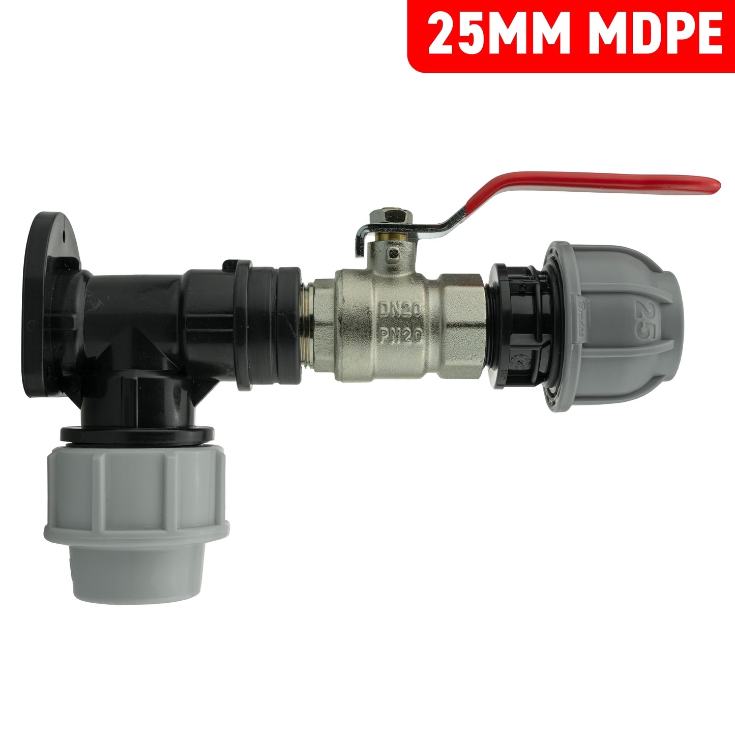 25mm MDPE Wall Flange Set with Lever Valve and 25mm MDPE Straight Fitting