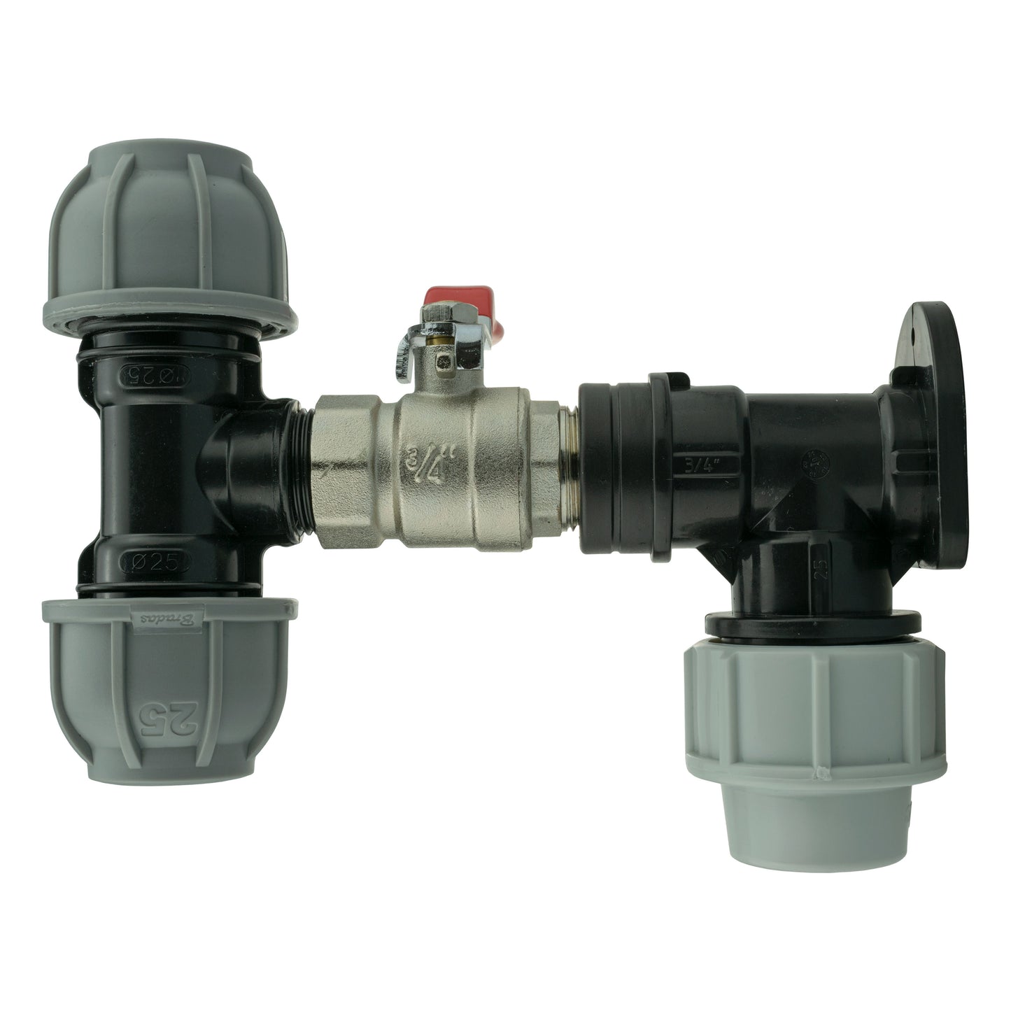 25mm MDPE Wall Flange Set with Lever Valve and 25mm MDPE Tee Connector