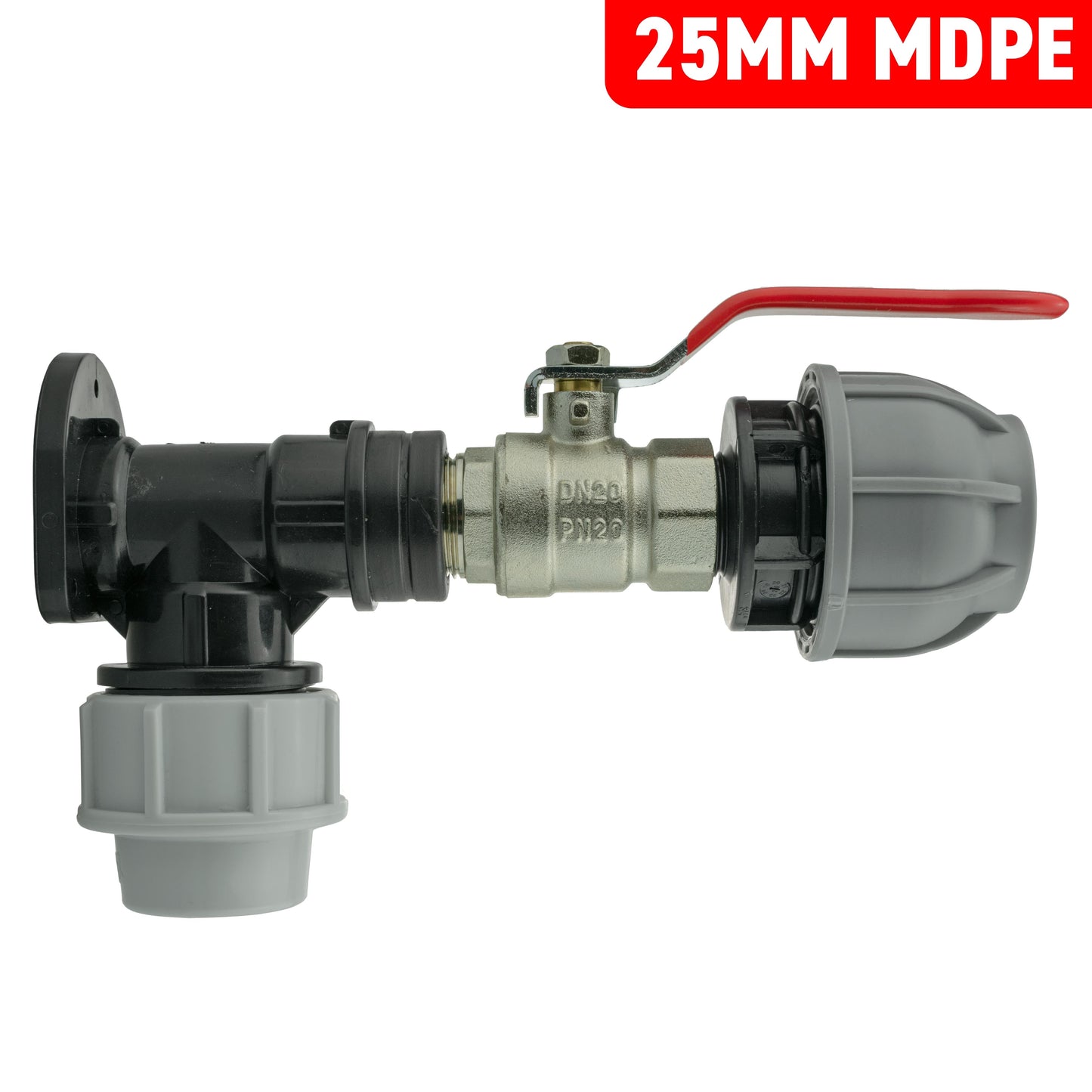 25mm MDPE Wall Flange Set with Lever Valve and 32mm MDPE Joining Fitting