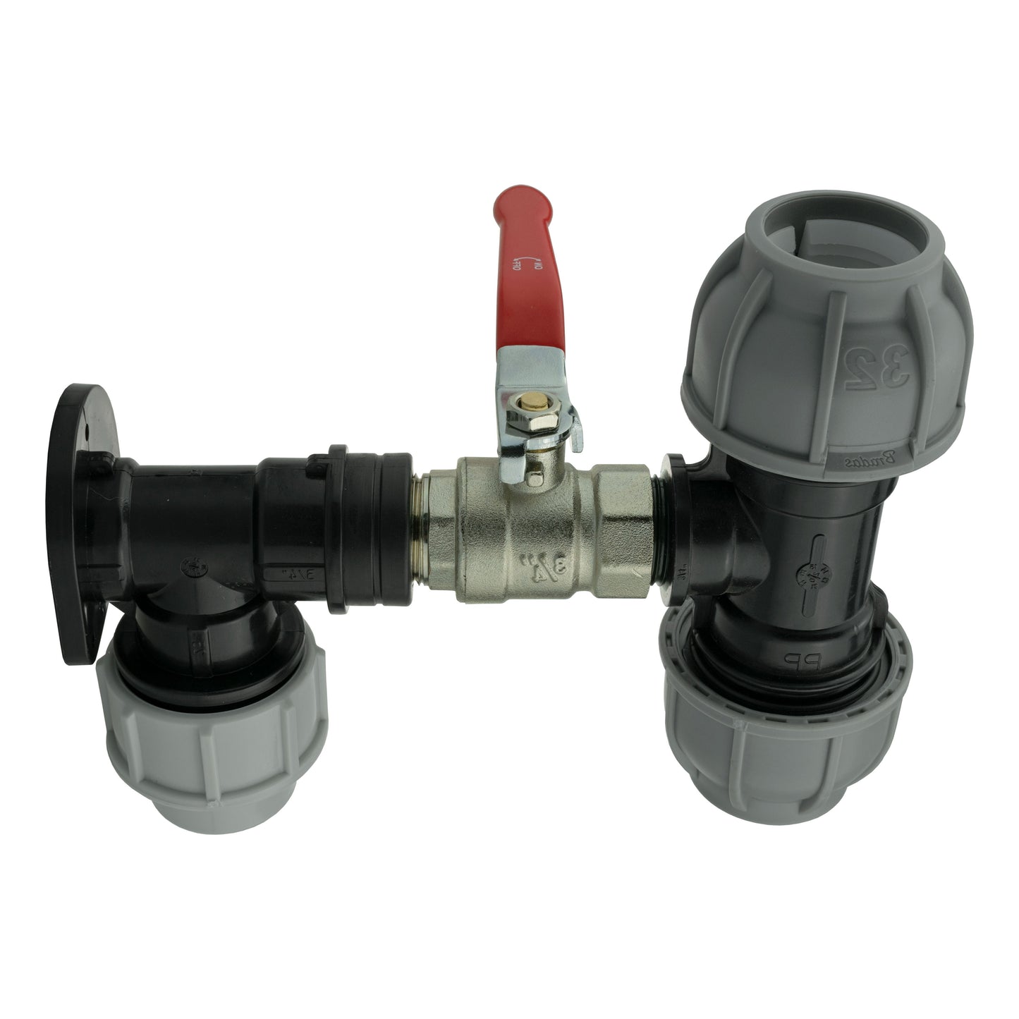Wall Flange Set 25mm MDPE with Lever Valve and 32mm MDPE Tee Fitting