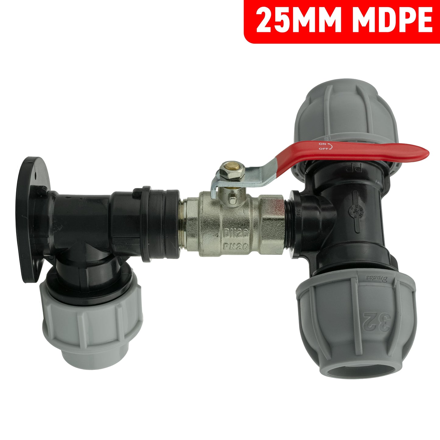 Wall Flange Set 25mm MDPE with Lever Valve and 32mm MDPE Tee Fitting