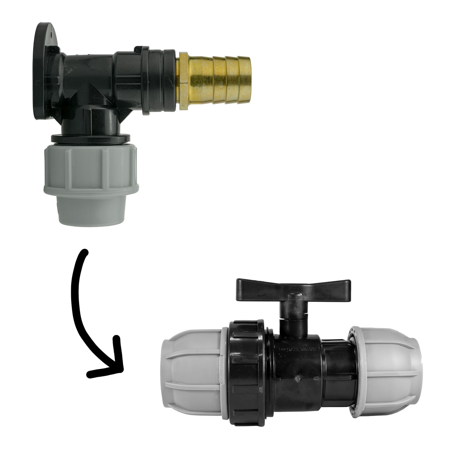 25mm MDPE Wall Flange Set with MDPE Valve and 25mm Brass Barb Fitting