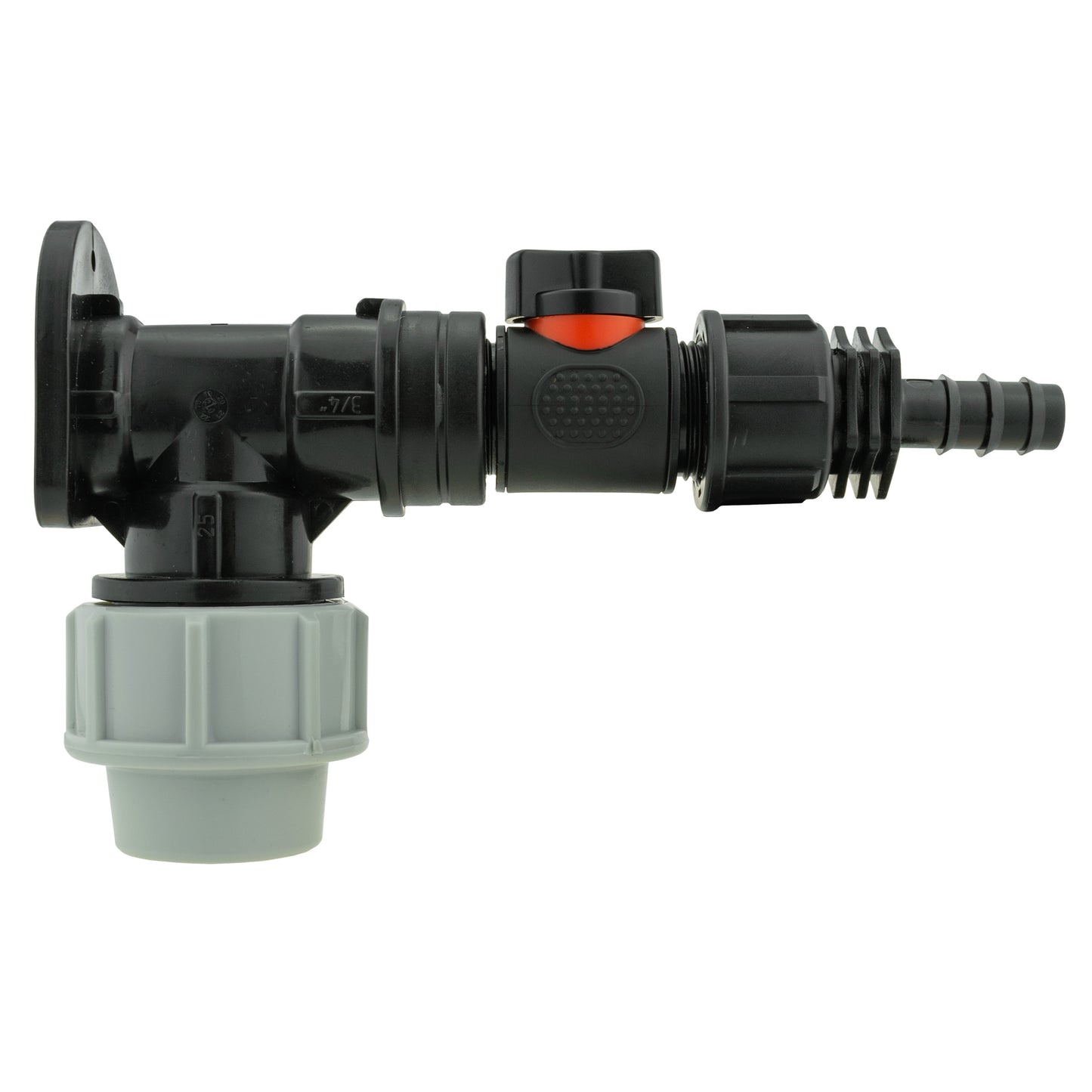 25mm MDPE Wall Flange Set with In-Line Valve and 1/2” Barb Fitting