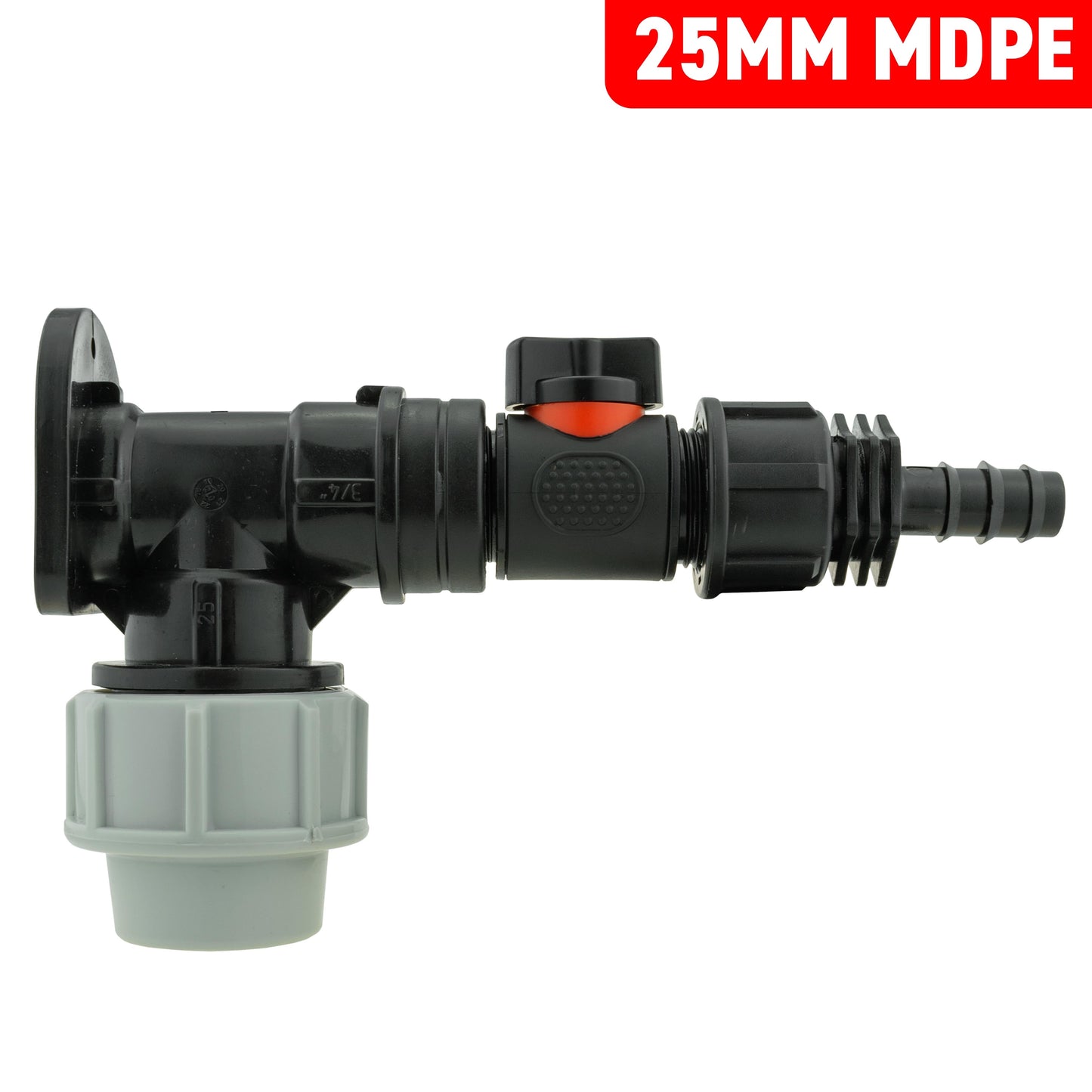 25mm MDPE Wall Flange Set with In-Line Valve and 1/2” Barb Fitting